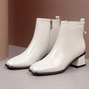 

Women's genuine leather thick high heel square toe autumn ankle boots back zip high qualitu comfortable short bootie shoes women