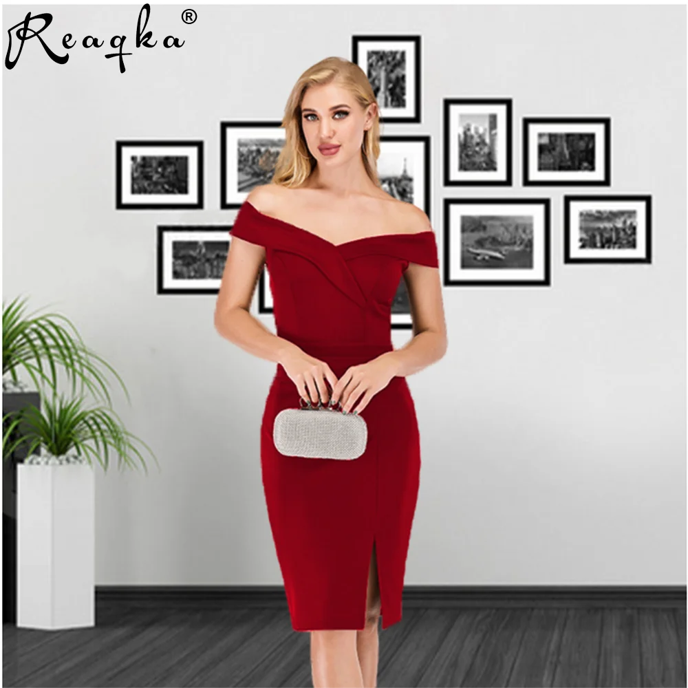 

Reaqka Spring and summer European and American Romantic Party Dress Women 2020 Elegant Bra off Shoulder Split Club Slim Dress