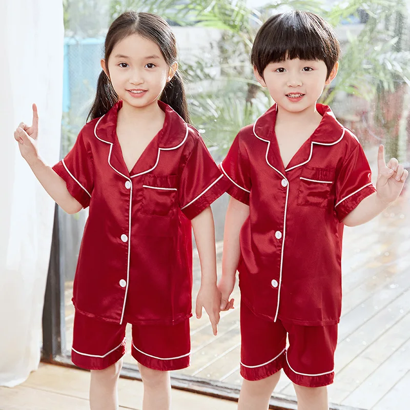 

[Xin] Meng dai bear CHILDREN'S Pajamas Cardigan Short Sleeve Shorts Satin Imitated Silk Fabric 8-18 Code