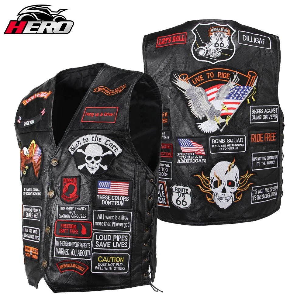 Leather Motorcycle Jacket Men Women Embroidery Patches Vintage Retro