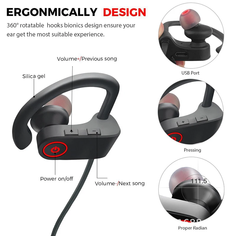 Sport Bluetooth Headphone Stereo Ear hook Wireless Earphones Waterproof Bluetooth 5 0 Headset With Microphone For iPhone Huawei