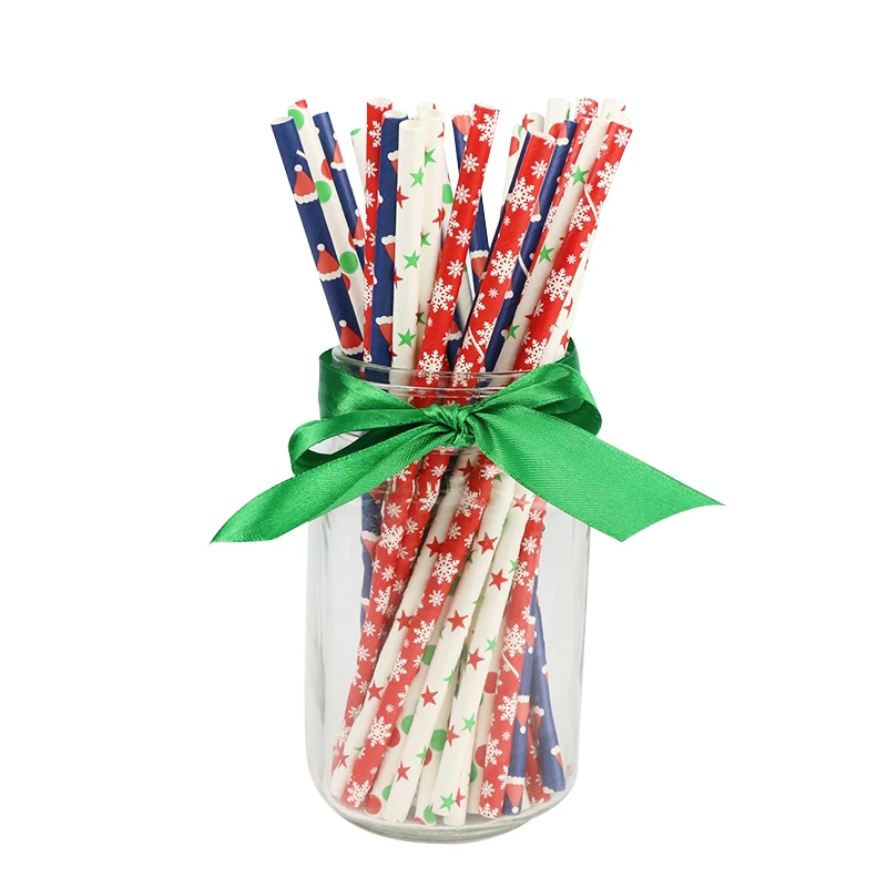 25pcs 25 шт./лот, Рождественская шапка Санты, Снежная звезда в горошек, зеленая красная бумага, соломинки для питья, креативные питьевые трубки, вечерние принадлежности для свадьбы - Цвет: 25pcs