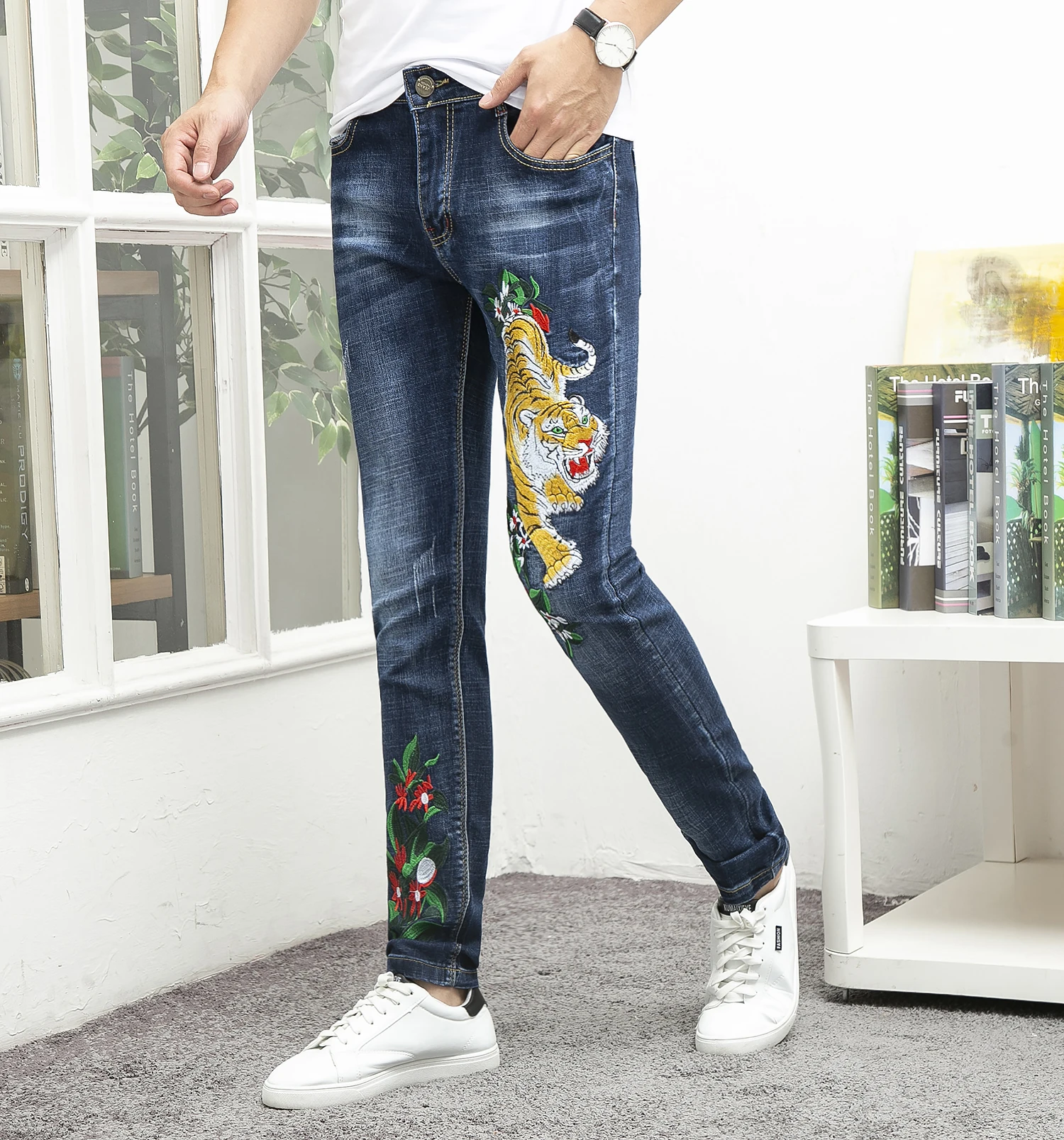 HAYBLST бренд горячая распродажа джинсы мужские осень зима мода Тигр брюки с вышивкой Плюс Размер Уличная Лоскутная Homme джинсы