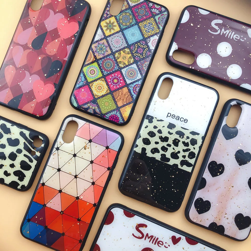 

Luxury Leopard Geometric Gold Foil Case For iPhone X XS Max XR 7 8 6 6S Plus Fashion Bling Glitter Heart Love Back Cover Cases