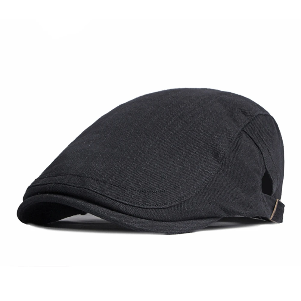SHOWERSMILE Cotton Mens Beret Hat British Style Newsboy Solid Beige Black Navy Khaki Spring Summer Flat Cap Adjustable 55-60cm 2
