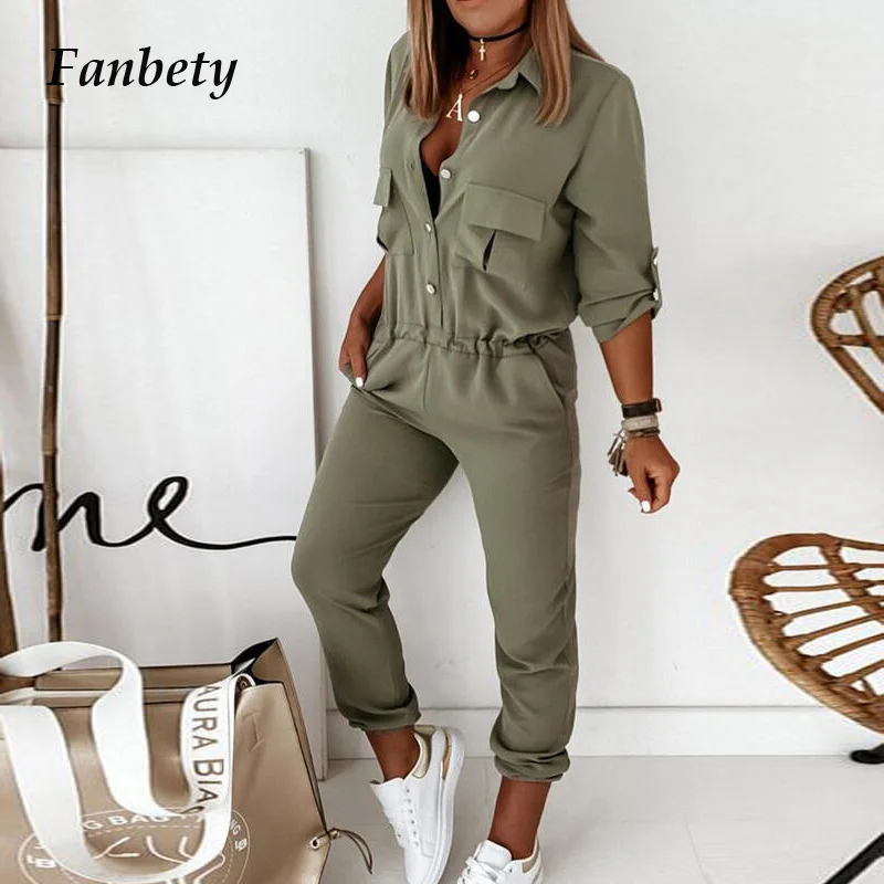 Women Elegant Casual Long Sleeve Pocket Loose Overalls Spring Summer Fashion Solid Color Turn-Down Collar Jumpsuits Streetwears
