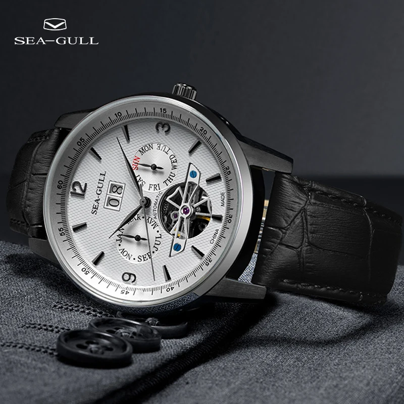 Seagull watch men's belt hollow flywheel 50 meters waterproof watch multifunctional automatic mechanical watch 219.328