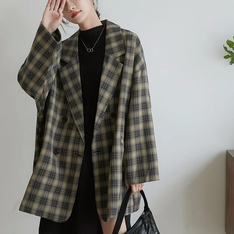 

Retro Plaid Suit Coat Women's Clothing 2020 Autumn New Double-Breasted Small Suit Loose Slimming Mid-Length Women's Jacket