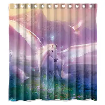 

Abstract Birds Colours Doves Fantasy Flowers and Horses in Magical Mountains Pegasus Snow Tree Unicorn Wings Shower Curtain