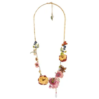 

Enamel Colored Glaze Pink Daisy Flower Bee Dragonfly Pearl Necklace Female