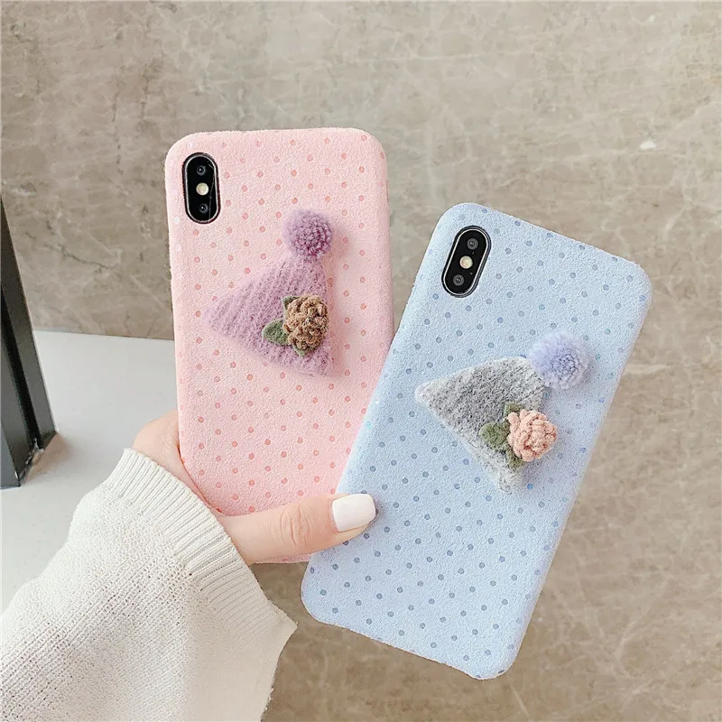 

Cute Hat Wave Point Cloth Fabric phone Case For iphone 11 Pro Max XR XS Max X 6 6S 7 8 Plus Cartoon Back cover Smooth Fuzzy Capa