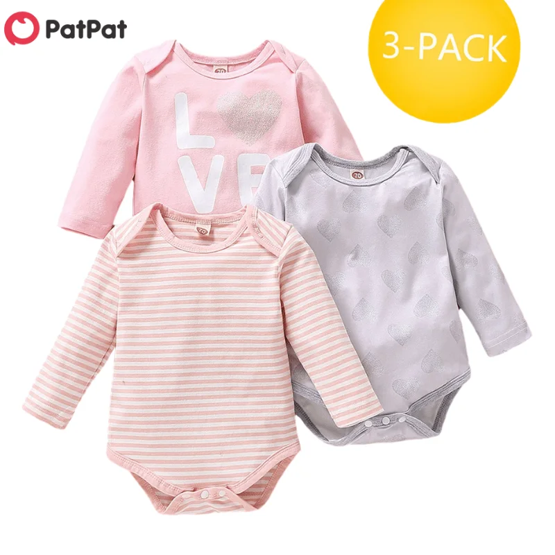 

PatPat New Arrival 3-pack Baby LOVE Striped Rompers Sets Baby Clothing