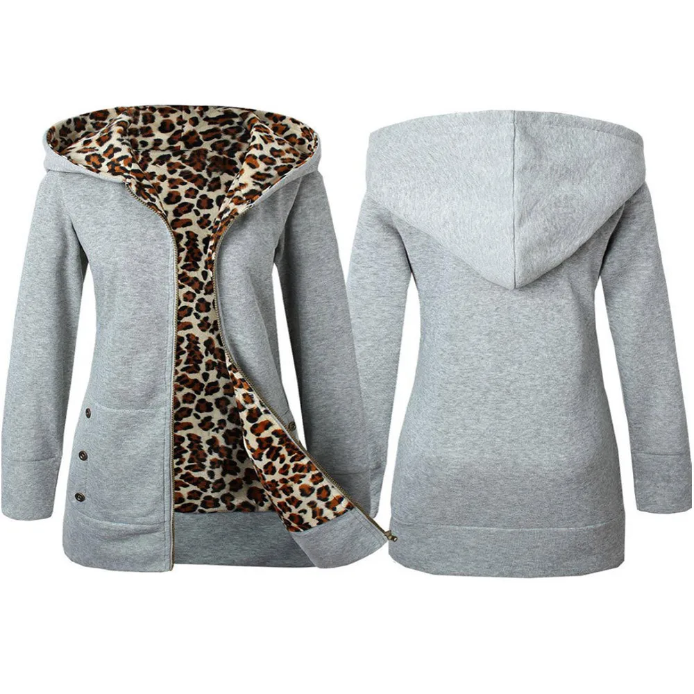 Женская толстовка с капюшоном, пальто плюс бархат, утолщенная с капюшоном, с леопардовым принтом, подкладка, на молнии, толстовка, женская теплая верхняя одежда# T1G - Цвет: Gray