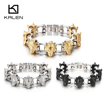 

KALEN 316L Stainless Steel Link Chain Multiple Wolf Head Charm Bracelet 2020 Punk Bracelet Hip Hop Men's Jewelry For Boyfriend