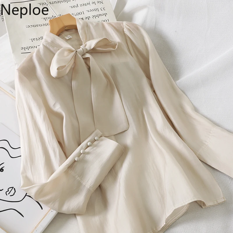 Блузка Neploe с круглым вырезом, на шнуровке, с бантом, однотонная, свободная, длинный рукав, рубашка, осень-весна, новинка, темперамент, дикая, праздничная рубашка
