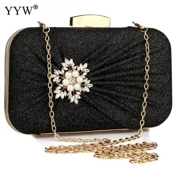 

Pearl Bridal Wedding Evening Party Clutch Handbag Silver Ladies Sparkling Rhinestone Purse Chain Ruched Shoulder Crossbody Bag