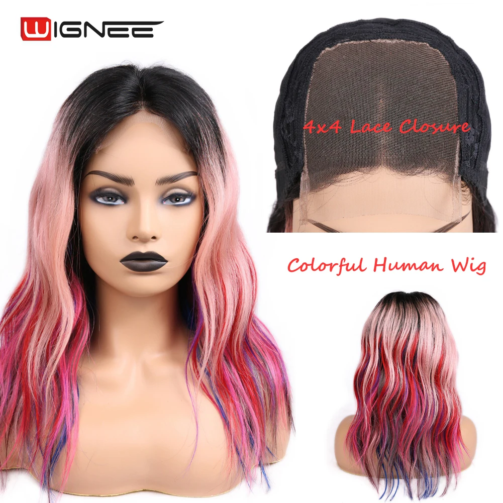 

Wignee 4*4 Lace Closure Rainbow Color Virgin Brazilian Human Hair Wigs For Black Women Pre-plucked Hairline Swiss Lace Human Wig