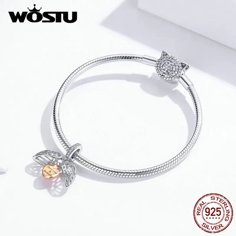 WOSTU Новое поступление Настоящее серебро 925 Подвески семья навсегда с крыльями ангела кулон подходит браслет DXC1299