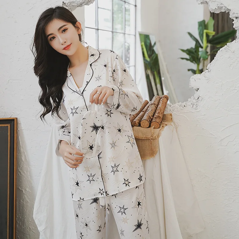 

Korea Sweet stars satins silk noble women pajamas sets elegance long sleeve trousers women sleepwear pijamas 3pcs pyjamas sets