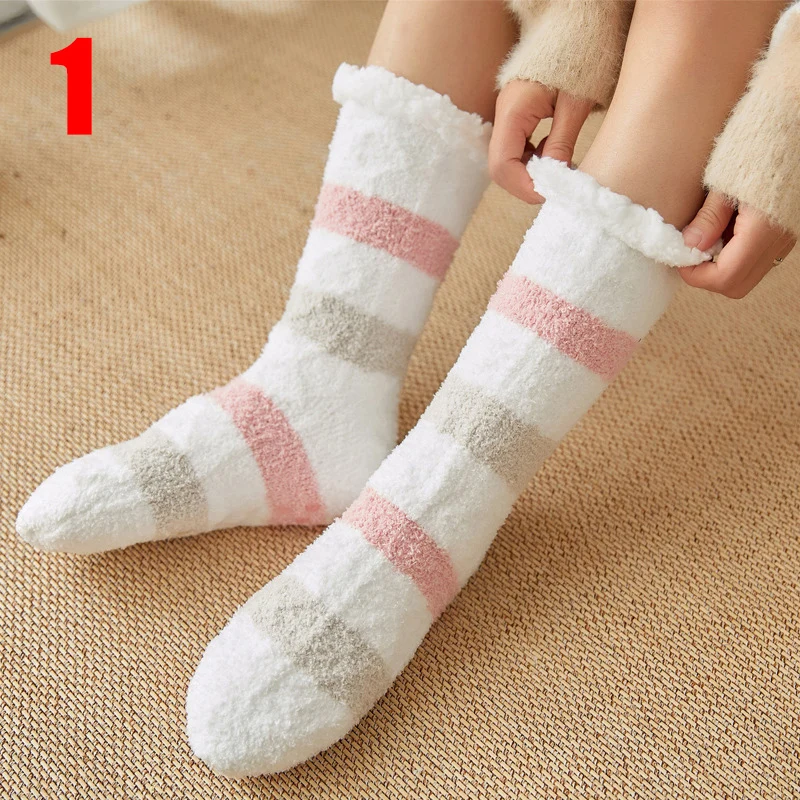 1 Newly 1 Pair Indoor Socks Warm Thicken Stripe Stretchy Soft Anti-slip for Winter Home m99 - Color: 1