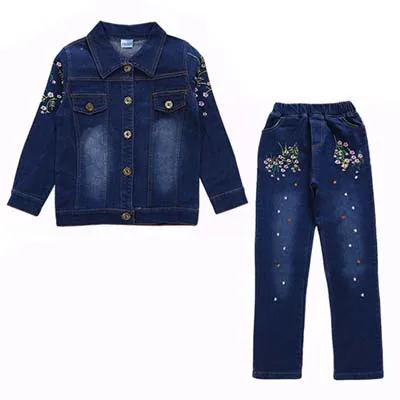 2pcs Tops-Trousers Комплекты для детей; джинсовая одежда для девочек; весенне-осенняя Спортивная одежда для детей; Повседневный джинсовый костюм с вышивкой; брюки с длинными рукавами; Одежда для девочек - Цвет: 2pcs Tops-Trousers