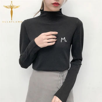 

Hemming mid-neck long-sleeved pullover embroidered solid color slim-fit inner jacket commuter simple pullover