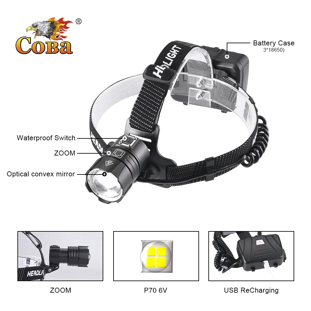 COBA led headlight 3000LM P70 lantern power bank waterproof super bright 3 modes usb rechargeable 18650 battery aluminum lamp | Лампы и