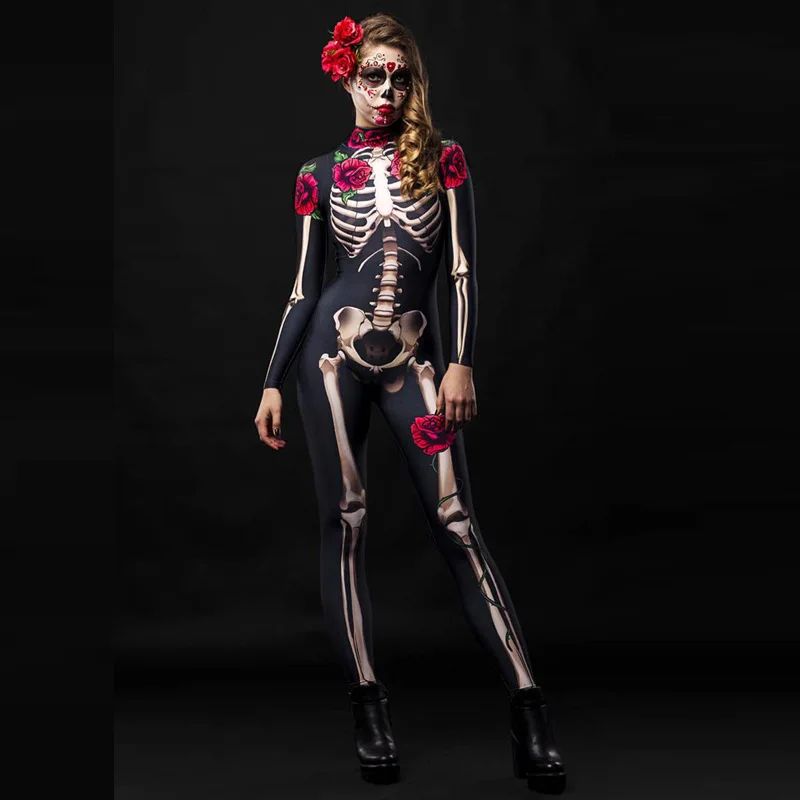 

Halloween European and American horror skeleton rose skeleton jumpsuit