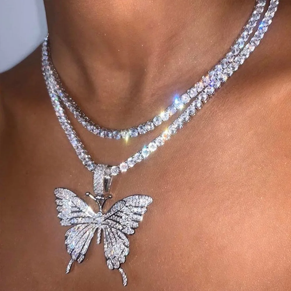 Déclaration grand papillon pendentif collier strass chaîne pour les femmes Bling Tennis chaîne cristal collier ras du cou bijoux de fête