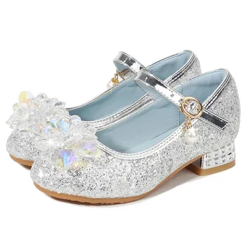 

Fashion Cinderella Crystal Bright Diamond Leather Shoes Girl Princess Single Shoes Girl Performance High Heels Shoes with Pearl
