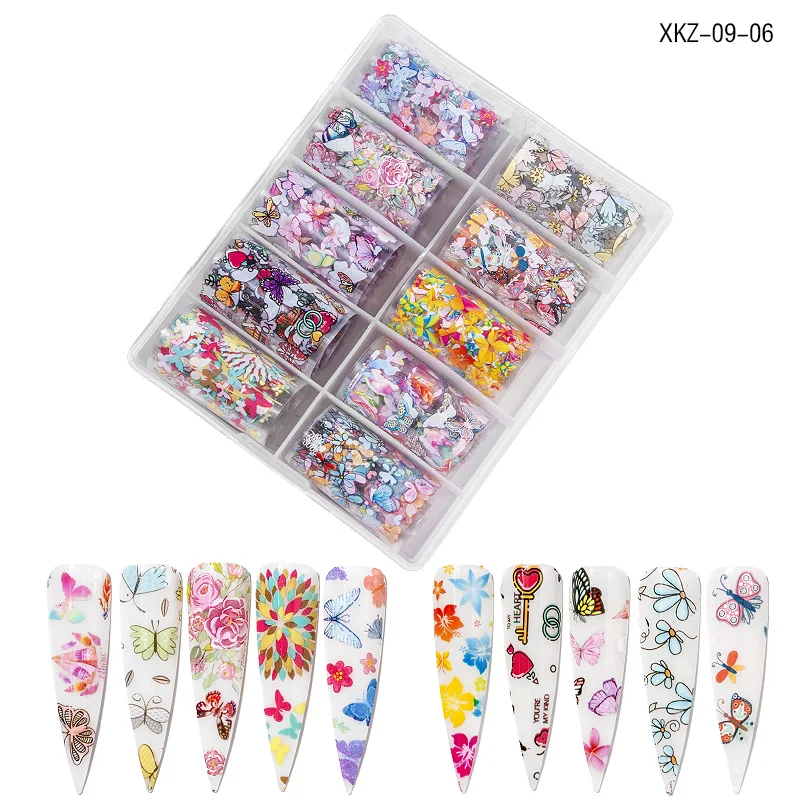 06 Nail Foils 10 шт./партия 4*100 см наклейки из фольги для ногтей цветок газета Бабочка Переводные ногти наклейка слайдер для 3D ногтей украшения - Цвет: 06 Nail Foils