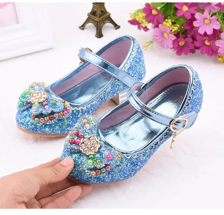 Children Princess Leather Shoes student dance shoes Girls High Heel Sandals Dress Kids Leather Glitter Crystal Shoes Banquet