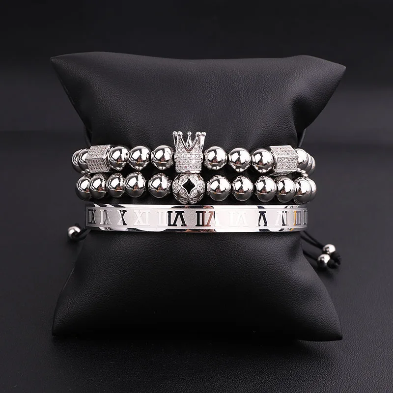 New Fashion High Quality Men Jewelry Bracelet Luxury CZ Imperial Crown Charm Stainless Steel Bangle Bracelet Set Men Jewelry