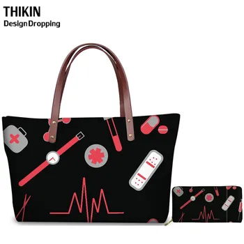 

THIKIN Black Nurse Heartbeat Pattern Women Handbags&Wallets 2pcs/set Luxury Shoulder Shopping Bags Ladies Long Leather Wallets
