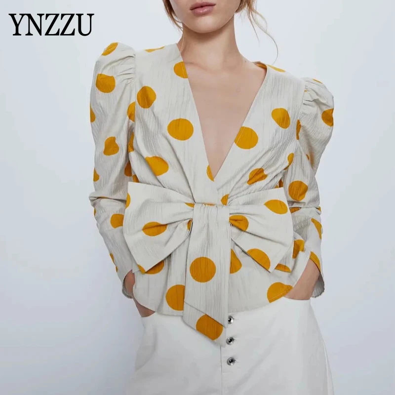 

Fashion V-neck Bow Women Print Blouse 2020 New Puff sleeve Dot Print Female Shirt Loose Elegant Ladies Tops Spring YNZZU YT856