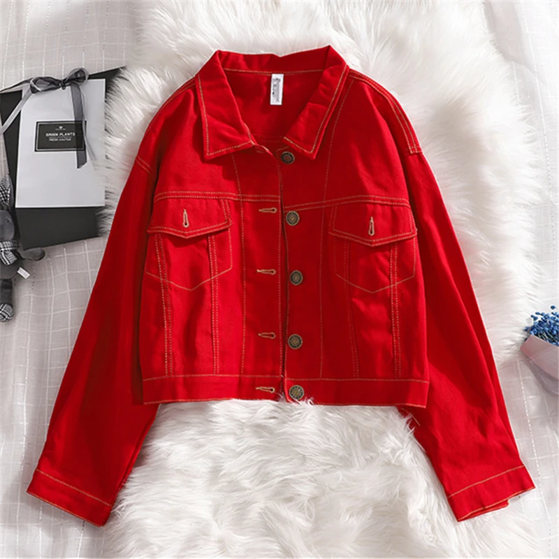 

Vintage Short Jeans Jacket Women Autumn Loose Basic Coat 2023 Harajuku White Black Red Denim Jacket Casual Outerwear Women H320