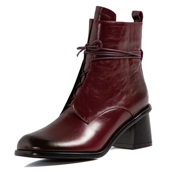 

Fashion Genuine Leather Ankle Boots For Women Round Toe High Heels Zipper Shoes Woman Autumn Winter Black Wine Red Basic Boots