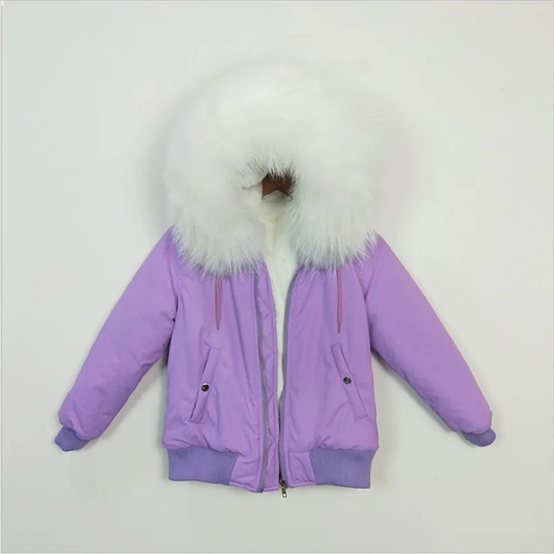 

Purple Short Jacket For Children Girl Hem Have Rubber Band White Real Raccoon Fur Collar Fashion Warm In Winter Faux Fur Lining