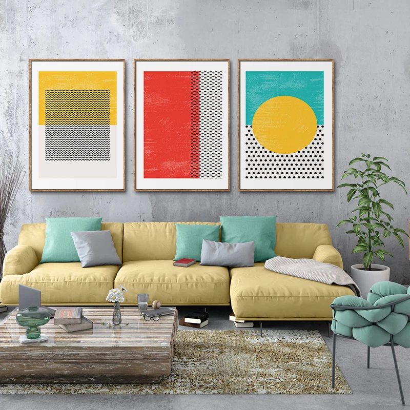 Red Blue Yellow Geometric Line Dot Wall Art Canvas Painting Nordic Posters and Prints Pictures for Living Bedroom Decor | Дом и сад