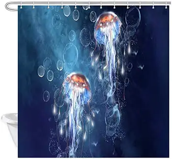 

Fantasy Animals Shower Curtain, Jellyfish and Microbes Blue Ocean Shower Curtain Waterproof Bathroom Decor Polyester Fabric