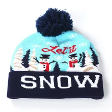 Рождественская шапка с принтом в виде снежных букв для девочек и родителей и детей, Яркий Рождественский светодиодный светильник, вязаная шапка, Шапка-бини с помпоном#5