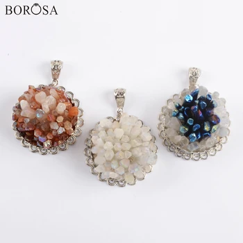 

BOROSA Silver Color Natural Aura Crystal Cluster Flower Charm Elegant Titanium AB Druzy Quartz Necklace Pendant for Women WX1604