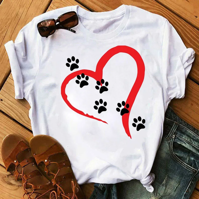 Women T Shirt Cartoon Tops Colorful Heart Dog Paw Print T-shirt Female Summer T-shirt 90s Girls Short Sleeve Tee Black T-shirts cute summer crop tops Tees