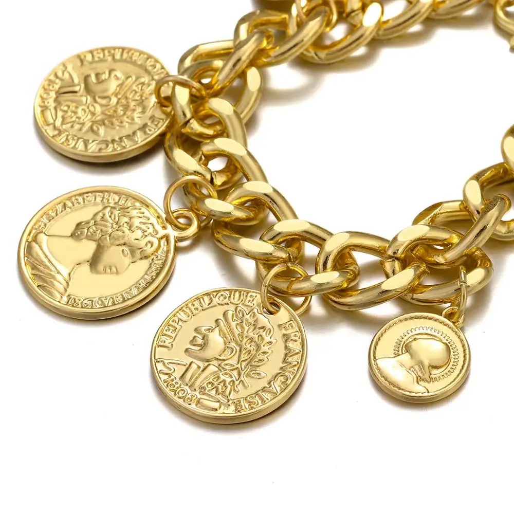 Flashbuy Gold Color Chain Coins Bracelet Personality Vintage Portrait Charms Bracelets For Women Fashion Accessories