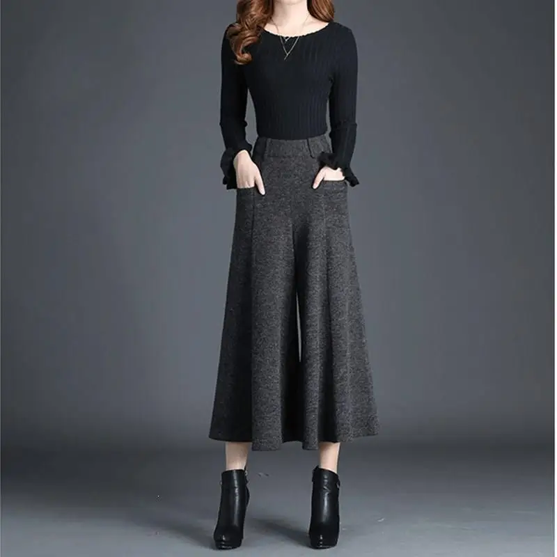 

Women Winter Solid Wide Leg Wool Pants Casual Ankle-Length Flared Trousers Vintage Pockets High Waisted Culottes