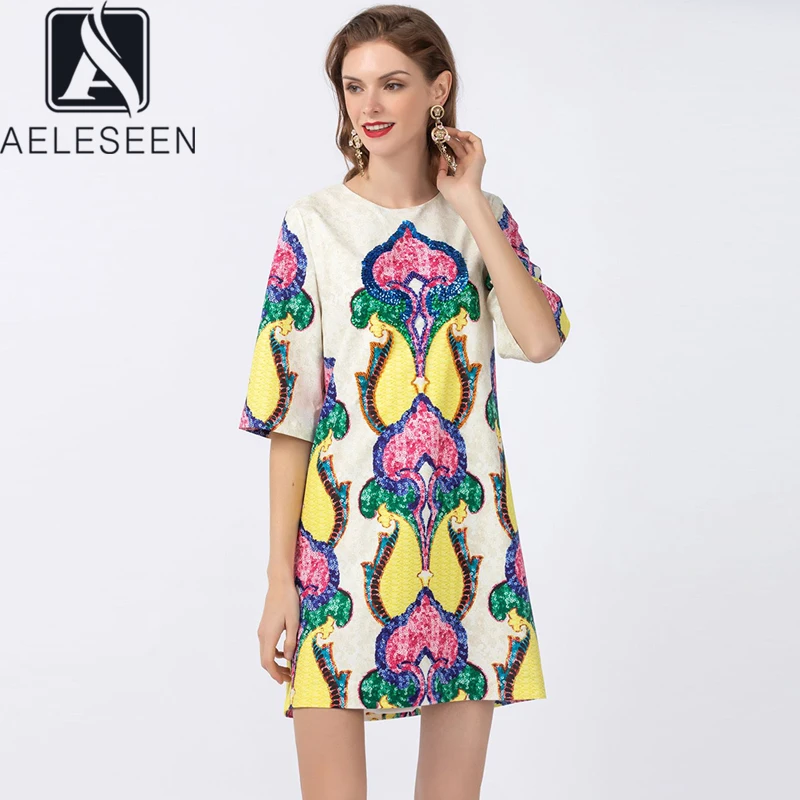 AELESEEN, подиум, модное Свободное платье, весна-лето, рукав до локтя, Повседневное платье, бисер, расшитое блестками, цветочный принт, вечерние, мини-платья