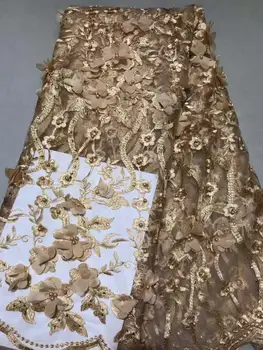 

Gold Flower Net Embroidered Swiss Voile Lace Beads Tulle Trim Wedding Dress Women Fabric African 2019 High Quality French Fabric