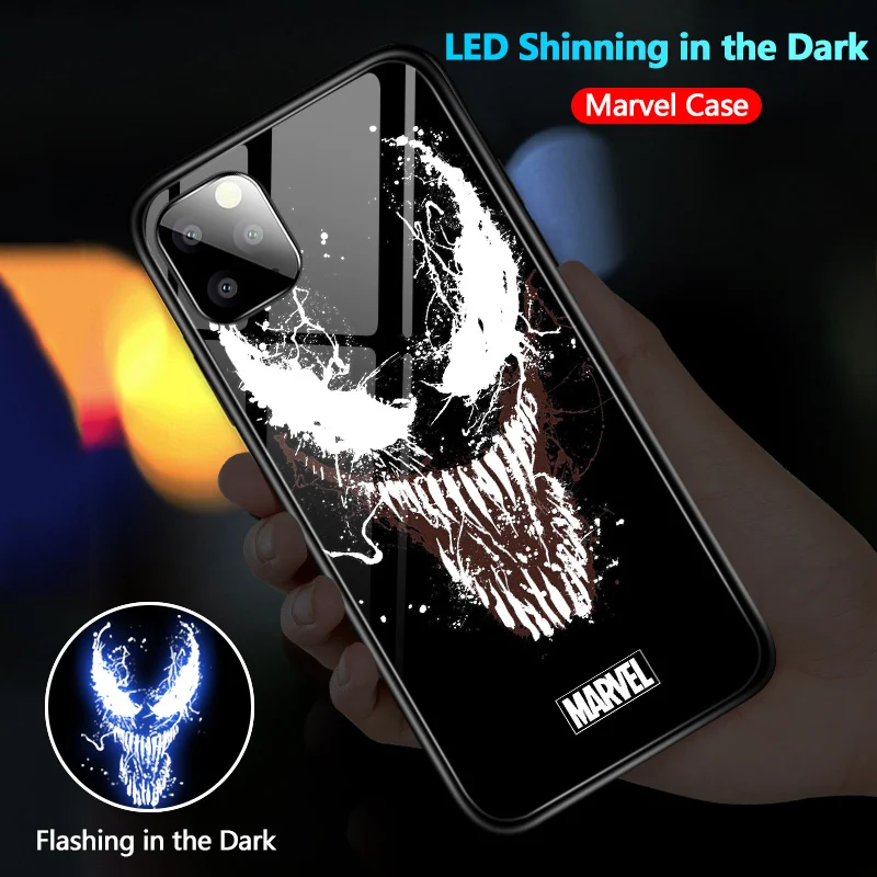 Для iPhone 6 7 8 Plus X XR XS Max 11 Pro светодиодный мигающий чехол Marvel Мстители Железный человек паук Veno закаленное стекло - Цвет: Venom