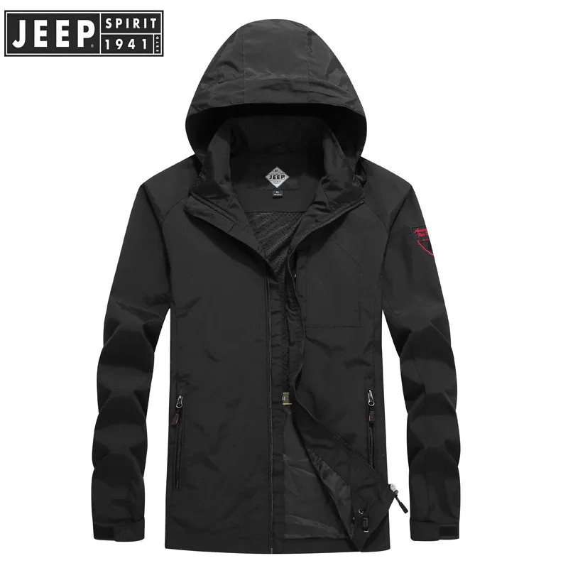 JEEP SPIRIT весенние куртки мужские в стиле милитари Куртки Ветровка мужская Тонкая быстросохнущая куртка с капюшоном hombre Плюс Размер M-5XL - Цвет: Черный