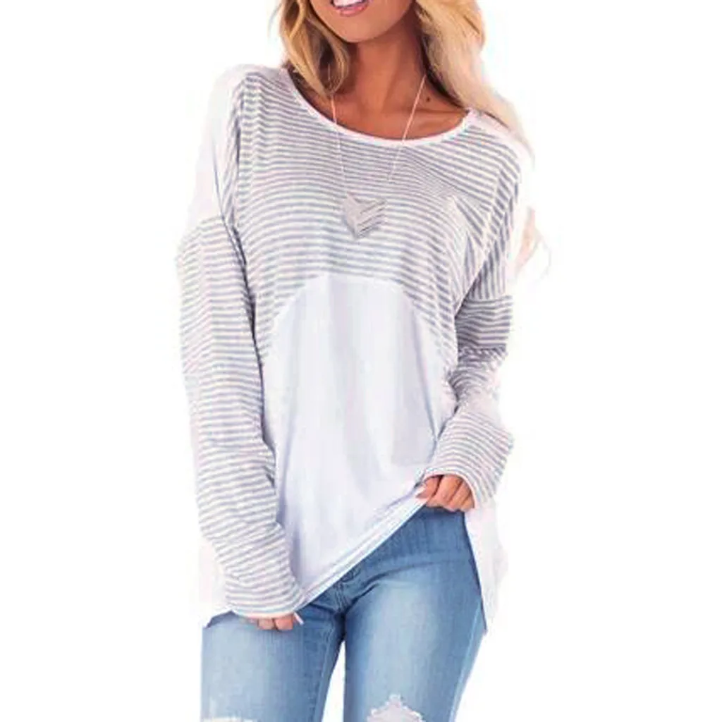 Модная женская блуза свободного покроя с круглым вырезом и длинными рукавами в полоску с открытой спиной; женские блузки; базовые Топы; большие размеры